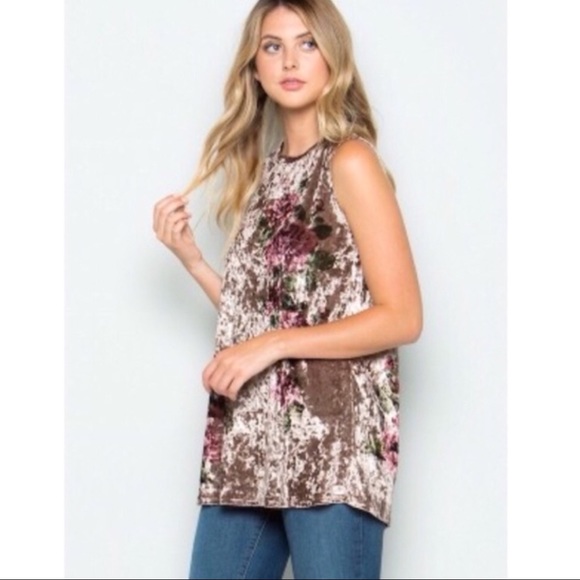 Tops - Taupe Floral Crushed Velvet Tunic